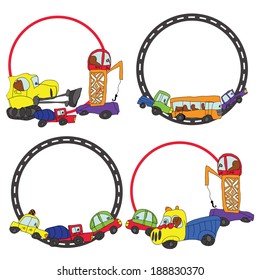 Child's hand draw car element.Funny colored cartoon Doodle.Frame set.Composition of various machines in vector.Design template,Greeting card,illustration.Happy birthday.