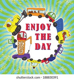 Child's hand draw car element.Funny colored cartoon Doodle.Composition of various machines in vector.Design template,Greeting card,illustration.Enjoy the day