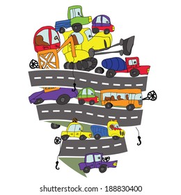 Child's hand draw car element.Funny colored cartoon Doodle.Composition of various machines in vector.Design template,Greeting card,illustration.