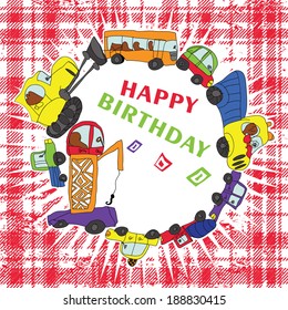Child's hand draw car element.Funny colored cartoon Doodle.Composition of various machines in vector.Design template,Greeting card,illustration.Happy birthday