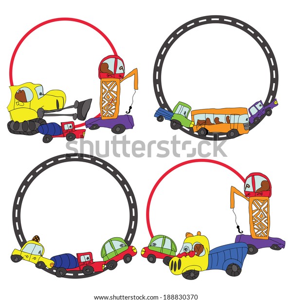 Child\'s hand draw car element.Funny colored\
cartoon Doodle.Frame set.Composition of various machines in\
vector.Design template,Greeting card,illustration.Happy\
birthday.