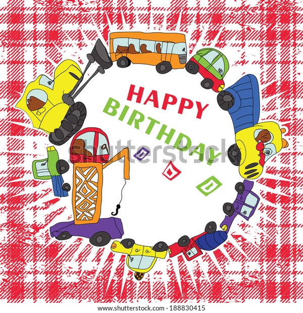 Child\'s hand draw car\
element.Funny colored cartoon Doodle.Composition of various\
machines in vector.Design template,Greeting card,illustration.Happy\
birthday