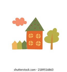 Child's hand drawn house, fence, tree and cloud. Kid`s hand painting cute autumn home. Template for advertising brochure, illustrations of books, posters, stickers, wrapping papers, prints.