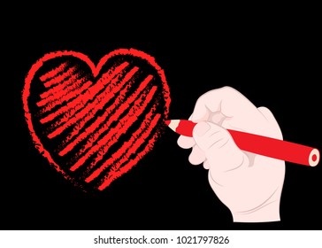 Child's hand draws a red heart in a pencil. Vector illustration