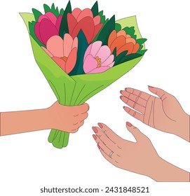 a child's hand extends a bouquet into the mother's hands