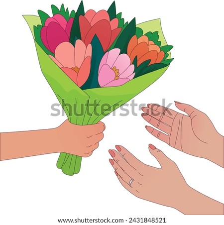 a child's hand extends a bouquet into the mother's hands