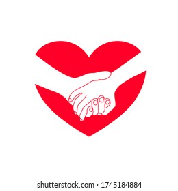 The child's hand gently holding hand of dad with love and happiness in red heart shape. Family stay together. Holiday spending time. love and give concept.
