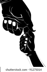 Child's hand holding the finger of an adult. Black and white illustration.