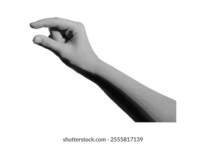 Childs hand holding something invisible little, small thing between two fingers, isolated on white background.. Halftone dotted retro style vector