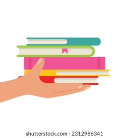Die Hand des Kindes hält einen Stapel bunter Bücher. Vektorgrafik.