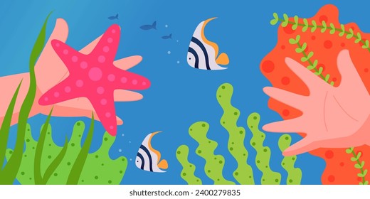 Child's hand holding starfish underwater. Snorkeling underwater. Underwater games. Corals and algae in the water cartoon vector illustration.