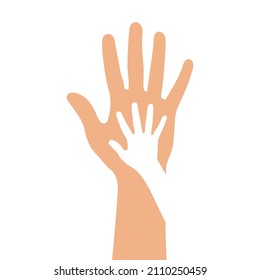 A child's hand lies on the palm. Stock vector illustration eps10. 