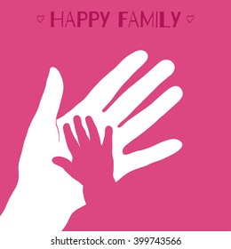 Child's hand with mother's hand on pink background.