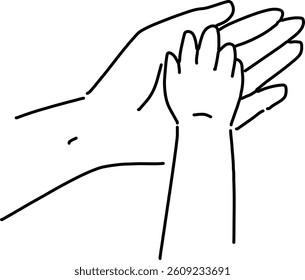 Child's hand placed on adult's hand simple illustration, vector, hand drawn