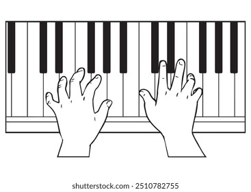A child's hand playing the piano seen from above. Illustration in black and white and vector format. This illustration is not an AI Generated content.