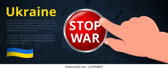 Die Hand des Kindes drückt den roten Knopf, STOP KRIEG. Concept-Banner mit Platz für Text 