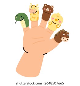 A mão de uma criança põe uma boneca no dedo. serpente, girafa, urso, filhote, cavalo. arte vetorial e ilustração.