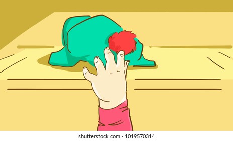 A Child's Hand Taking A Hat On The Shelf. Colorful Cartoon Vector Sketch.