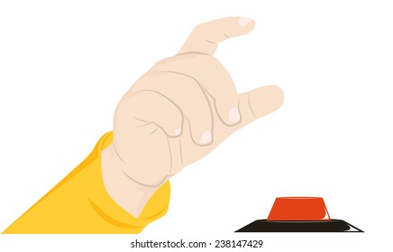 Child's hand wants to press the red button, vector illustration