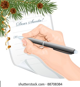 Child's Hand Writing Letter To Santa Claus. Vector Illustration