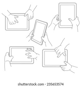 Child's hands holding a tablet, vector illustration