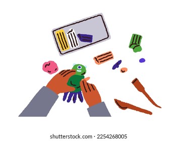 Childs hands with plasticine, above top view. Black kid making, modeling figure from playdough. Creative DIY, handcraft hobby from play dough. Flat vector illustration isolated on white background