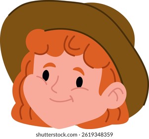 La cabeza de un niño se muestra con un sombrero con el pelo rizado en un estilo de dibujos animados simple.  Retrato de niño joven, sonriente y alegre en una ilustración plana.