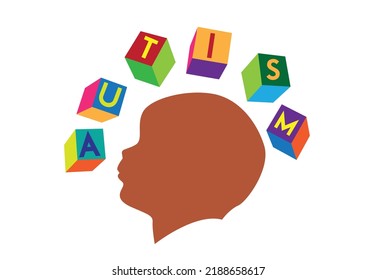 Child's head surrounded with Autism text on colored cubes concept. editable Clip Art.