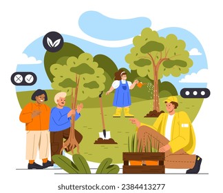 Childs helping in garden concept. Kids with trees and shvel. Gardening and agriculture, farming. Boys and girls with harvest and crop. Cartoon flat vector illustration isolated on white background