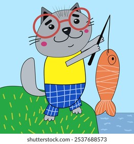 Child's image of a cat catching a fish vector image