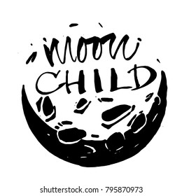 Child's inscription of the moon. Can be printed on greeting cards, paper and textile designs. Silhouette of the Moon.