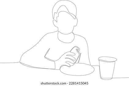 A child's lunch with bread and a glass of milk. Lunch at school one line drawing