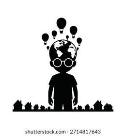 La mente de un niño, representada con un globo terráqueo y globos, simboliza el pensamiento ilimitado.