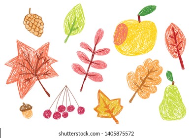 Child's painting with autumn leaves and fruits