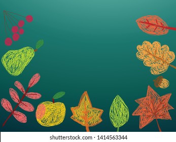 Child's painting with autumn leaves and fruits. Drawing on the school blackboard