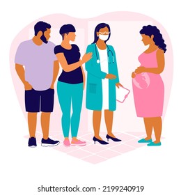 The child's parents and the surrogate mother at the doctor's appointment. Obstetrician gynecologist checks the health of the child and mother. Prenatal check in the clinic