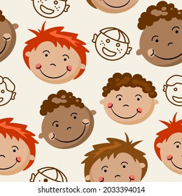 A childs pattern of childrens faces on a beige background.