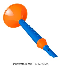 Child's pipe, toy musical instrument made from orange and blue plastic, isolated on white background
