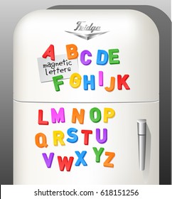 Child's plastic magnetic alphabet letters displayed on vintage refrigerator. Use as font or design elements. Vector illustration.