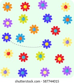 child's play find two identical  ladybug on a flower vector illustration