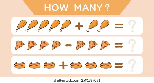 Child's play. A game for counting numbers. Numbers. cheerful math. puzzle. The development of the mogza. Games for children. Fun games. drawings of food at the game. vector. 