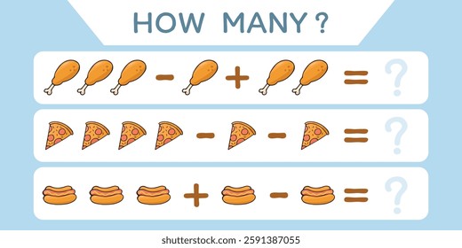 Child's play. A game for counting numbers. Numbers. cheerful math. puzzle. The development of the mogza. Games for children. Fun games. drawings of food at the game. vector. 