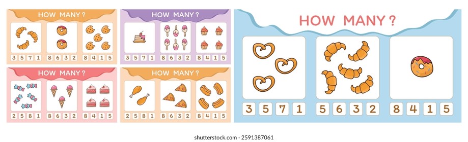 Child's play. A game for counting numbers. Numbers. cheerful math. puzzle. The development of the mogza. Games for children. Fun games. drawings of food at the game. vector. 