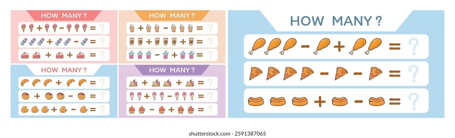 Child's play. A game for counting numbers. Numbers. cheerful math. puzzle. The development of the mogza. Games for children. Fun games. drawings of food at the game. vector. 