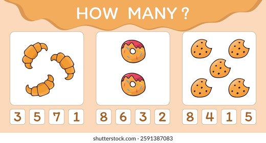 Child's play. A game for counting numbers. Numbers. cheerful math. puzzle. The development of the mogza. Games for children. Fun games. drawings of food at the game. vector. 