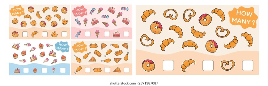 Child's play. A game for counting numbers. Numbers. cheerful math. puzzle. The development of the mogza. Games for children. Fun games. drawings of food at the game. vector. 