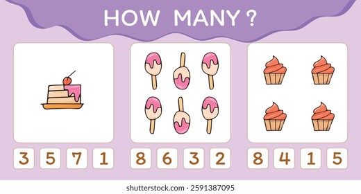 Child's play. A game for counting numbers. Numbers. cheerful math. puzzle. The development of the mogza. Games for children. Fun games. drawings of food at the game. vector. 