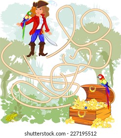 Child's play with pirate, parrot macaw and treasure