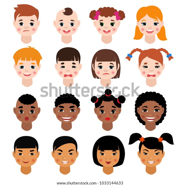 白い背景に子どもの顔の特徴セットを持つさまざまなスキントーンイラストセットを持つ 髪型を持つ子どものキャラクターガールまたは少年の顔をポートレートにした 子ども のベクター画像素材 ロイヤリティフリー