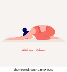 Los niños posan - Balasana. Joven practicando pose de yoga. Las mujeres entrenan en gimnasia, aeróbic y ejercicios. Ilustración vectorial.